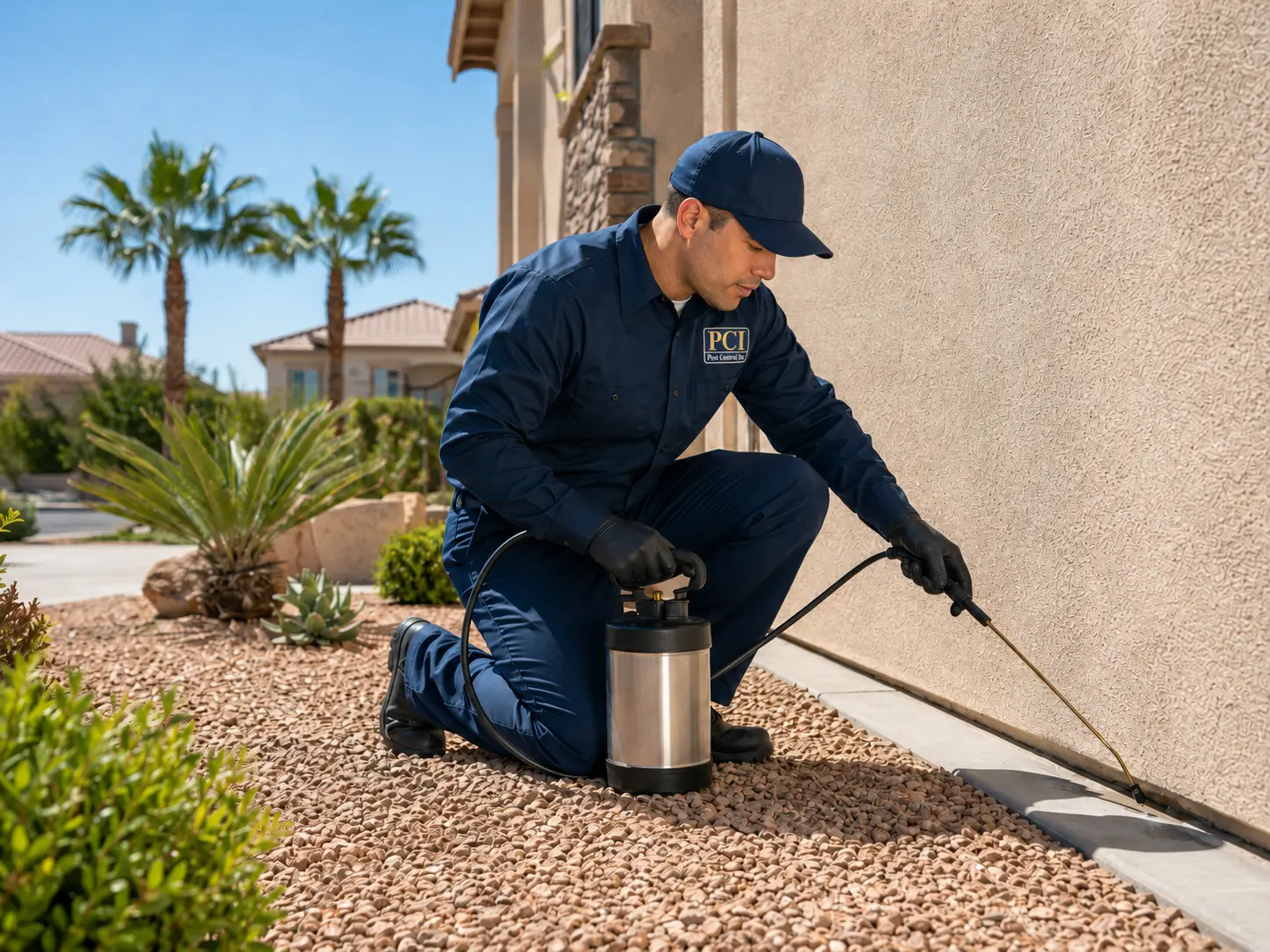 Licensed Pest Control Inc technician treating a Las Vegas home, drug tested, background checked, Nevada certified