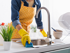 woman cleaning kitchen to keep out ants with Pest Control Inc. Ant Control in Las Vegas NV